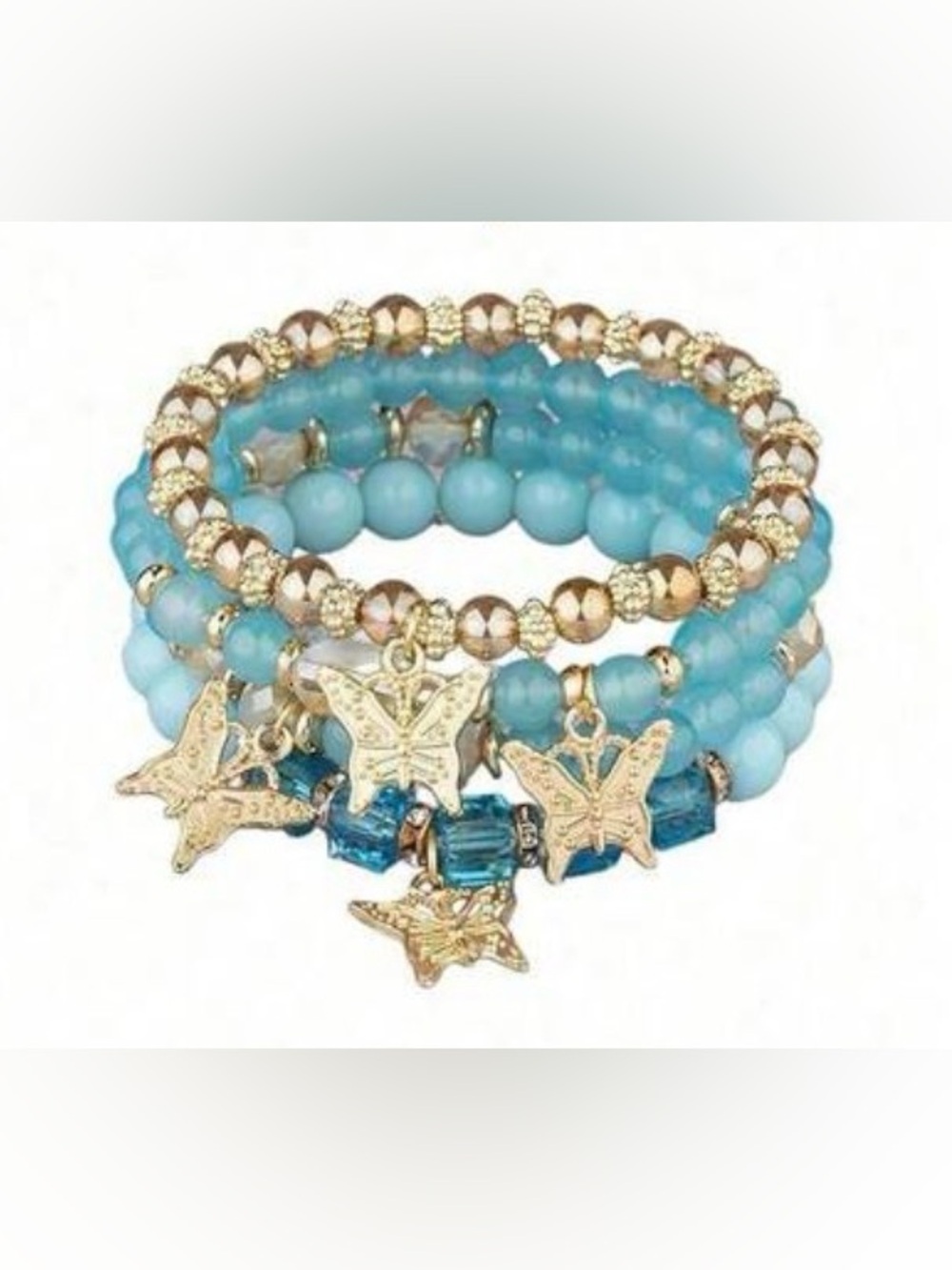Gold & Aqua Butterfly Charm Stretch Bracelet Set